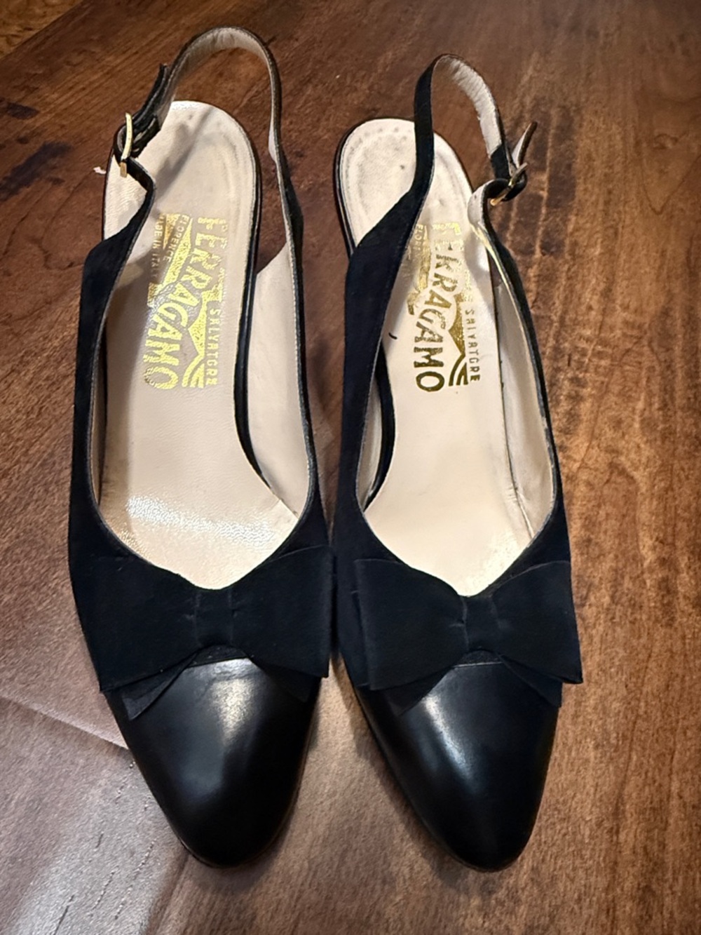 Salvatore Ferragamo Black Pointed Toe Slingback with Bow